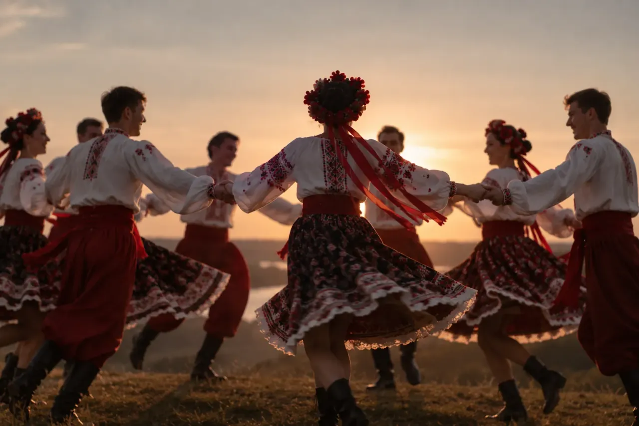 Коло танцюристів у вишиванках на заході сонця
